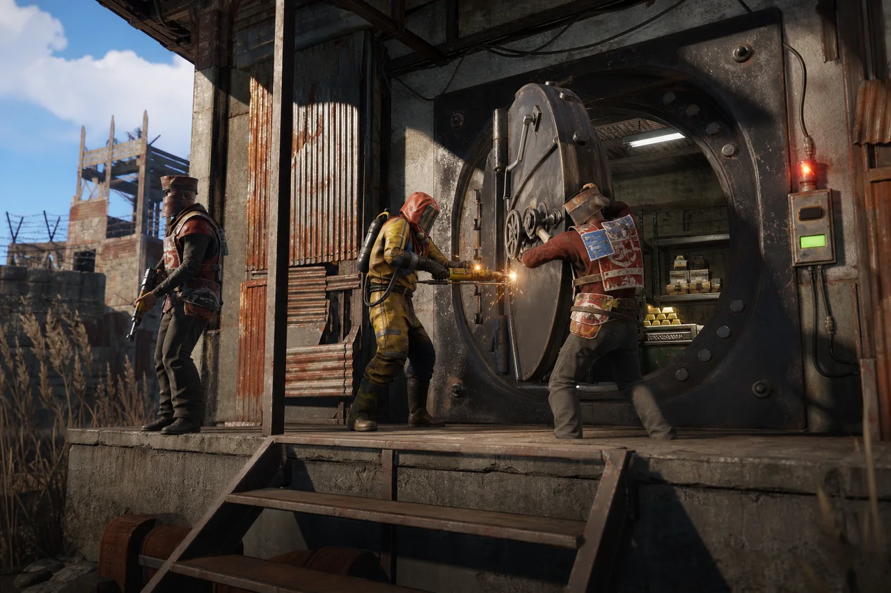 Masked survivors drilling into a monument bank vault on Lazarus Original