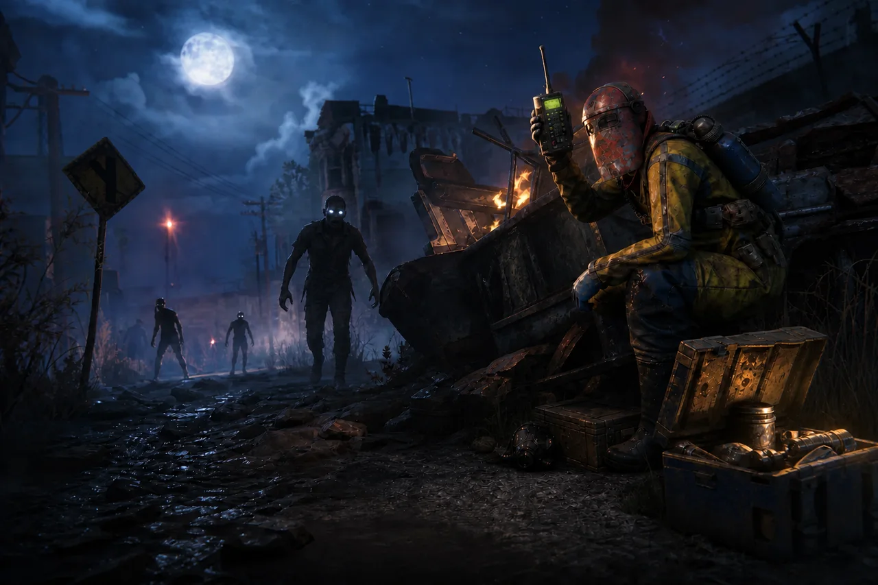 A survivor answering a distress call beside a burning wreck during Night Surge
